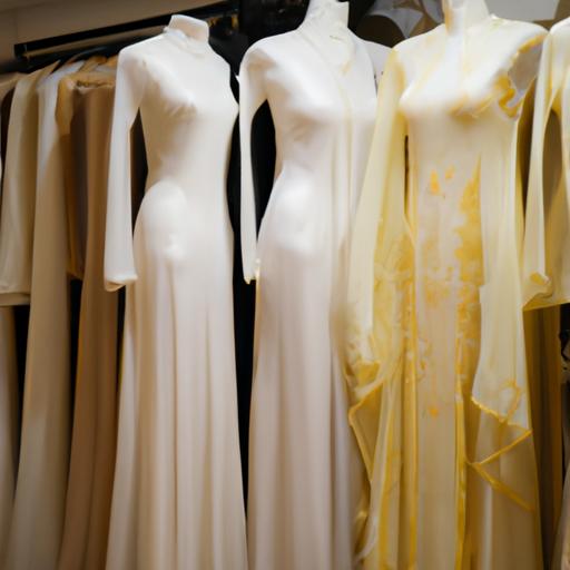 Dàn áo dài cưới trang nhã với nhiều màu sắc và kiểu dáng khác nhau tại cửa hàng cưới ở TPHCM.