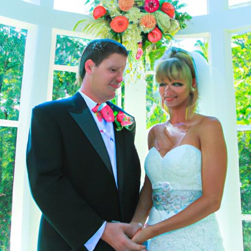 Cặp đôi chú rể và cô dâu đứng trước bàn thờ cưới được trang trí bằng hoa