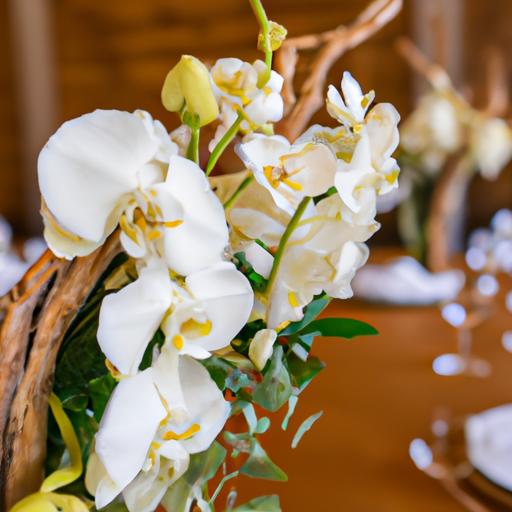 Một bàn tiệc trang trí với hoa lan trắng và cây xanh cho buổi tiệc đón tiếp đám cưới