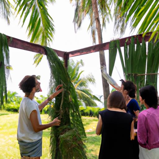 Đoàn người trang trí cổng cưới bằng lá dừa trong một khu vườn nhiệt đới.