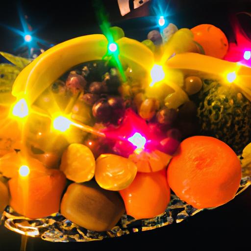 Mâm trái cây được trang trí đèn LED tạo điểm nhấn cho bàn tiệc cưới.