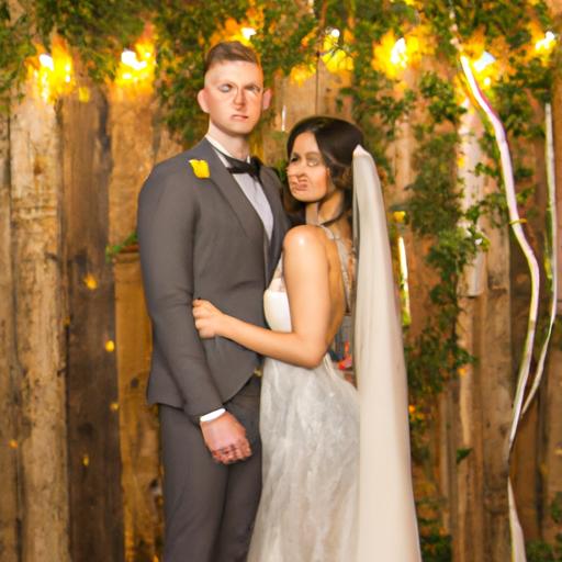 Cặp đôi chụp ảnh trước màn hình gỗ thô với cây xanh và đèn led