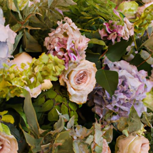 Trang trí phông đám cưới với hoa và cây xanh đầy màu sắc.
