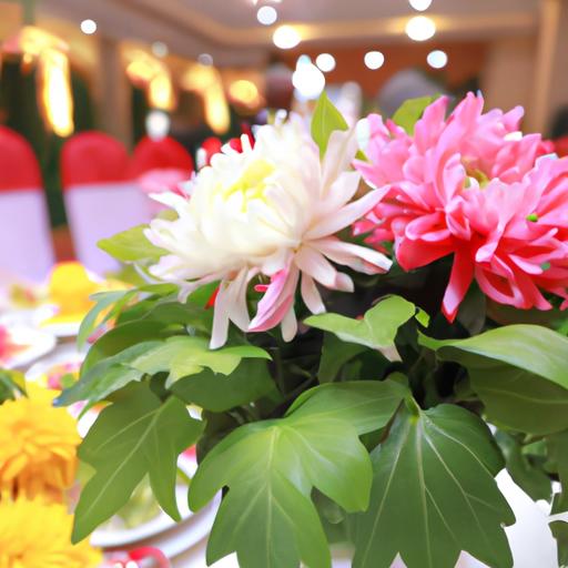 Trung tâm bàn tiệc cưới lộng lẫy với hoa cúc họa mi làm hoa chính.