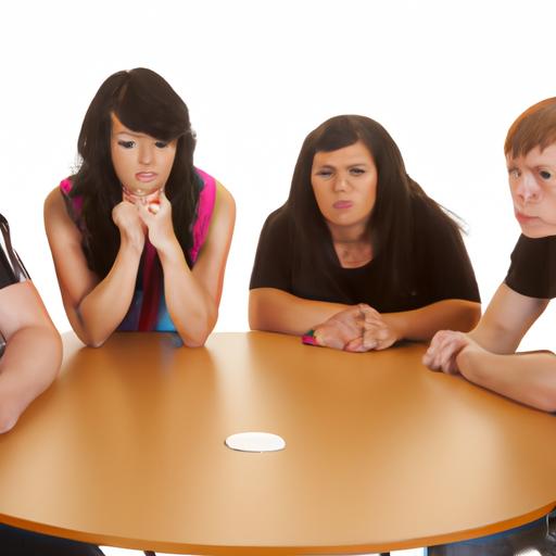 Nhóm người ngồi xung quanh bàn với biểu cảm nghiêm túc trên gương mặt.