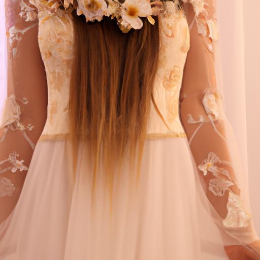 Mẫu váy cưới bohemian đẹp mê ly với tay áo xoè và vương miện hoa