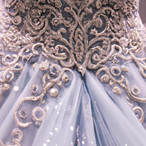 Một chiếc váy cưới bồng bềnh với đính kết và hoa ren tinh tế.