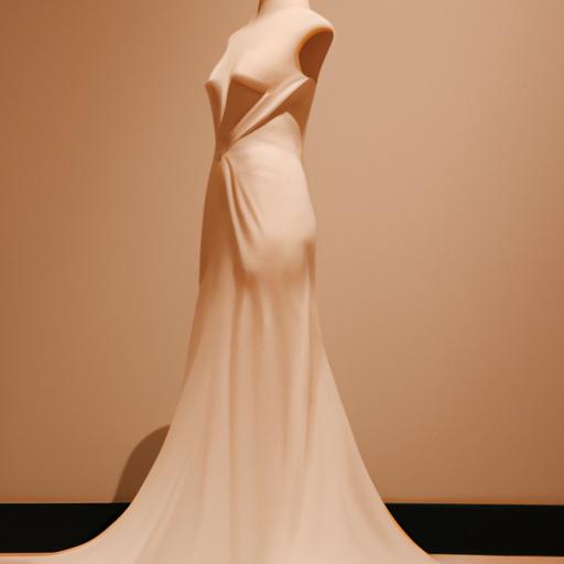 Một chiếc váy cưới dáng A tối giản với hình dáng mượt mà và đuôi dài ấn tượng.
