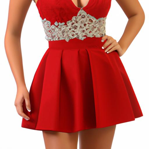 Váy đỏ cocktail ngắn tay xoè với cổ áo hình trái tim và chân váy xếp ly.